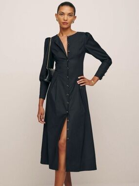 REFORMATION Women's HALIA DRESS Black Button-Front Long Sleeve Midi Dress NEW